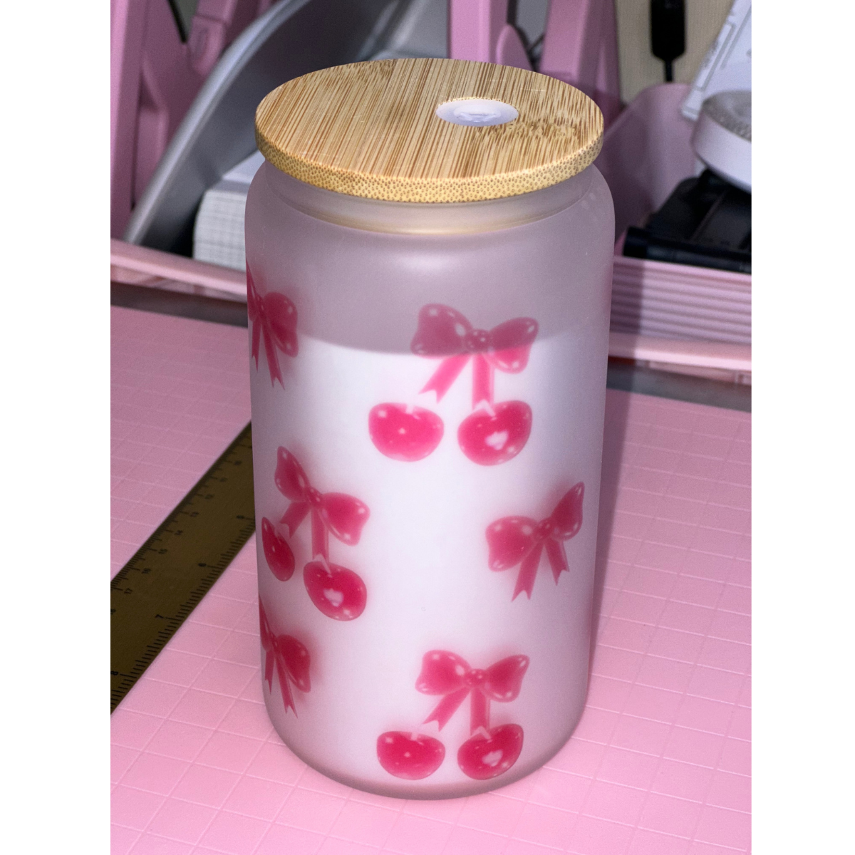 Cherry Bow Frosted Cup (read description)